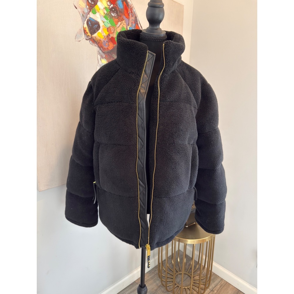 Rebecca Minkoff Black Sherpa Puffer Jacket Gold Zip Faux Leather Trim NWT